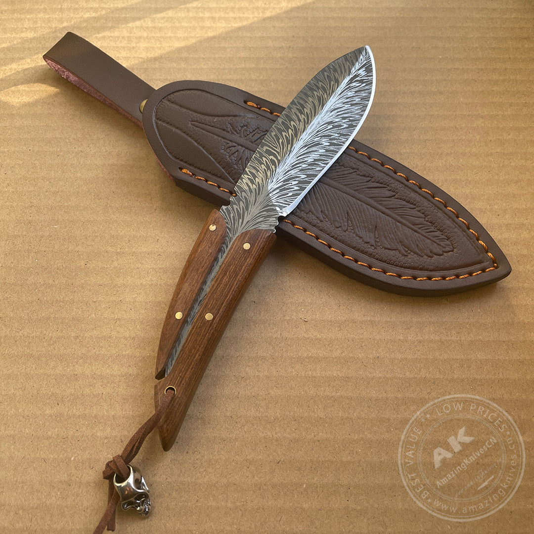 Stainless Steel Feather Pattern Knife  Survival Camping Fixed Blade Ironwood - AK-HT0715-L