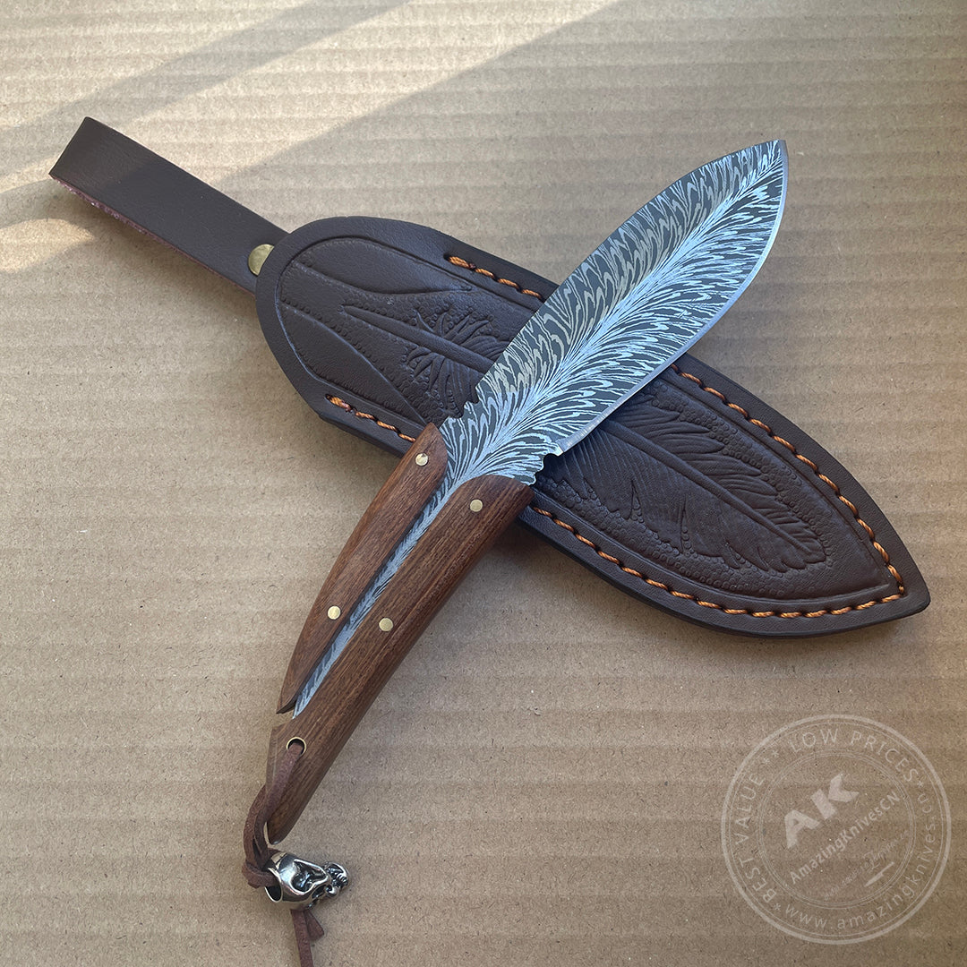 Stainless Steel Feather Pattern Knife  Survival Camping Fixed Blade Ironwood - AK-HT0715-L