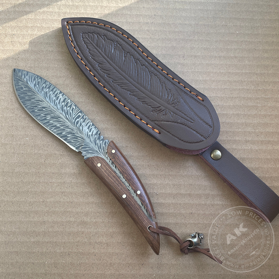 Stainless Steel Feather Pattern Knife  Survival Camping Fixed Blade Ironwood - AK-HT0715-L