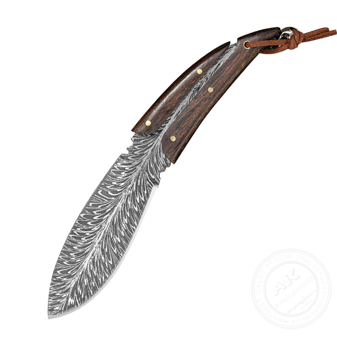 Stainless Steel Feather Pattern Knife  Survival Camping Fixed Blade Ironwood - AK-HT0715-L
