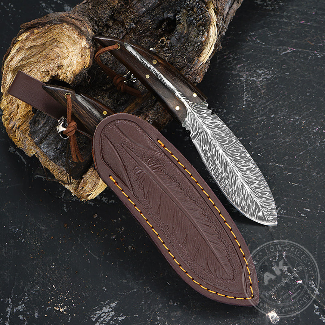 Stainless Steel Feather Pattern Knife  Survival Camping Fixed Blade Ironwood - AK-HT0715-L