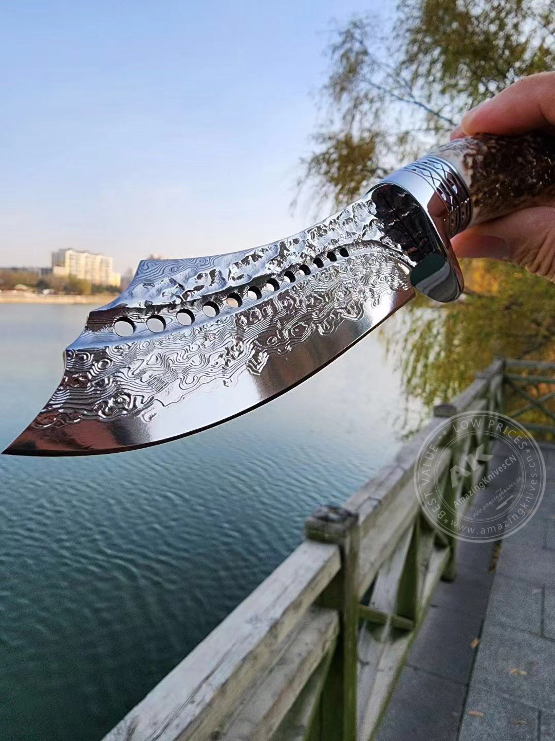 Damascus Survival Outdoor Camping Hunting Knife Fixed Blade Stag Antler Sheath - AK-HT0817