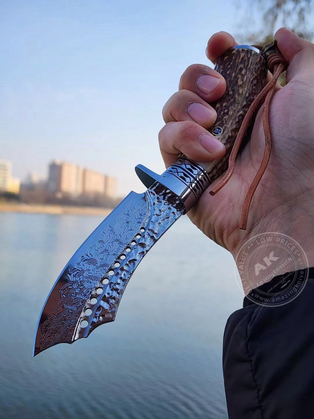 Damascus Survival Outdoor Camping Hunting Knife Fixed Blade Stag Antler Sheath - AK-HT0817