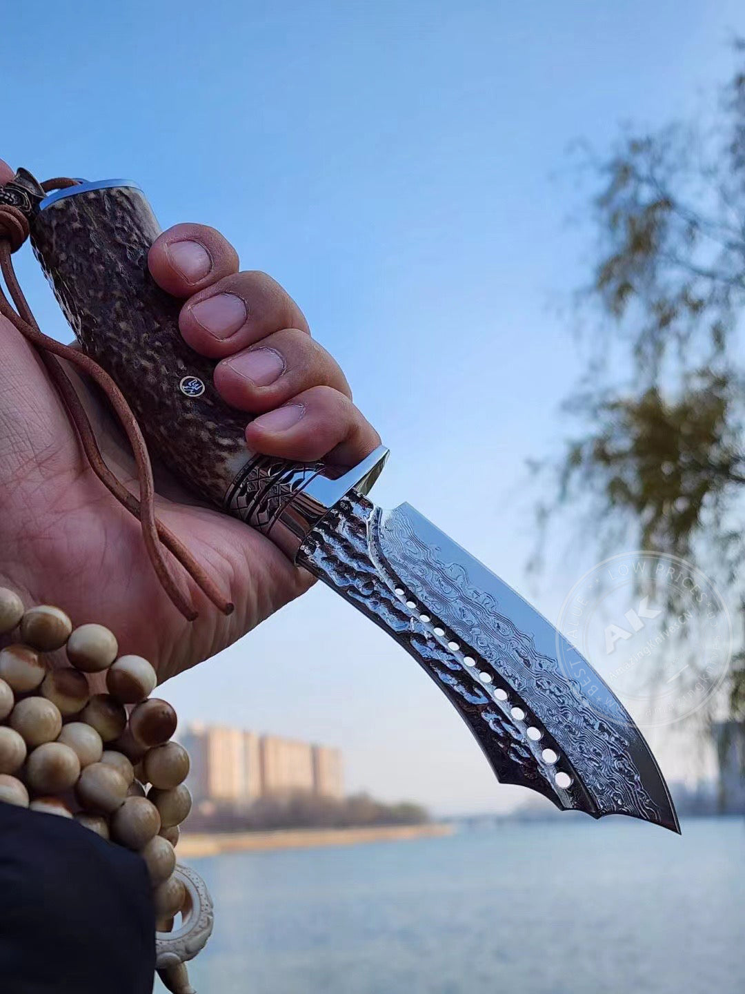 Damascus Survival Outdoor Camping Hunting Knife Fixed Blade Stag Antler Sheath - AK-HT0817