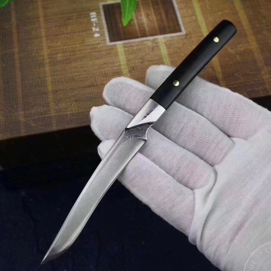 Damascus Camping Hunting Knife Outdoor Utility Fixed Blade w/Sheath Ebony Wood - AK-HT0390