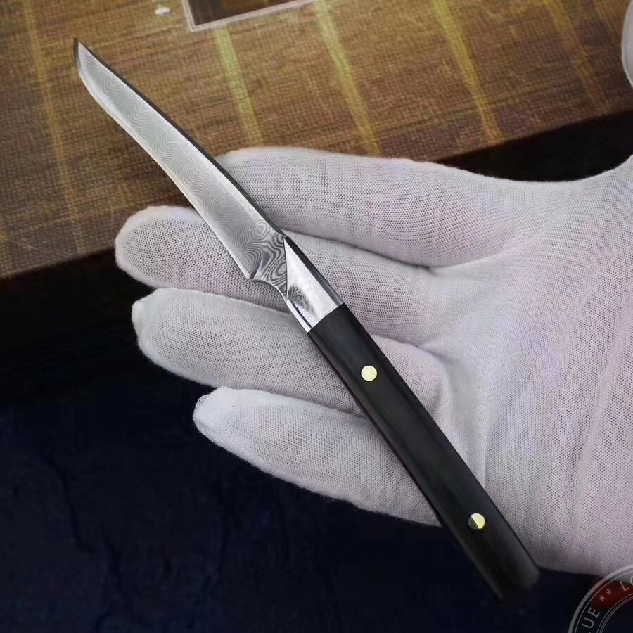 Damascus Camping Hunting Knife Outdoor Utility Fixed Blade w/Sheath Ebony Wood - AK-HT0390