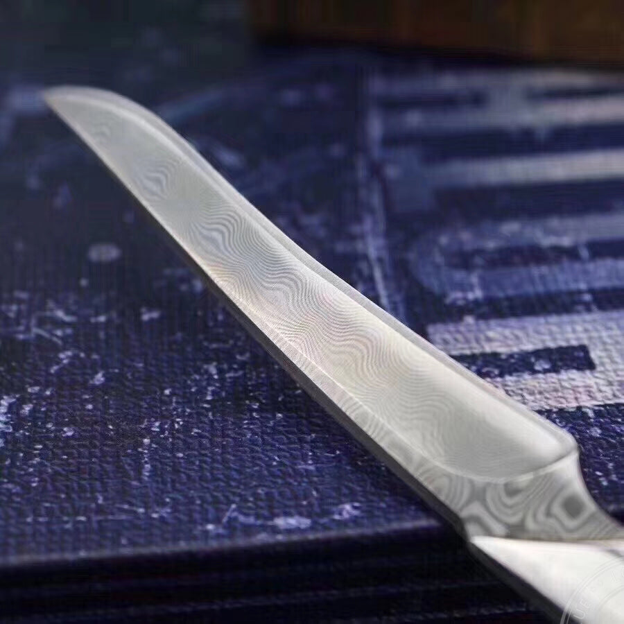 Damascus Camping Hunting Knife Outdoor Utility Fixed Blade w/Sheath Ebony Wood - AK-HT0390