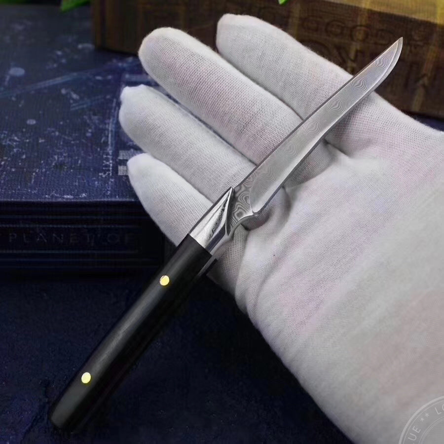 Damascus Camping Hunting Knife Outdoor Utility Fixed Blade w/Sheath Ebony Wood - AK-HT0390