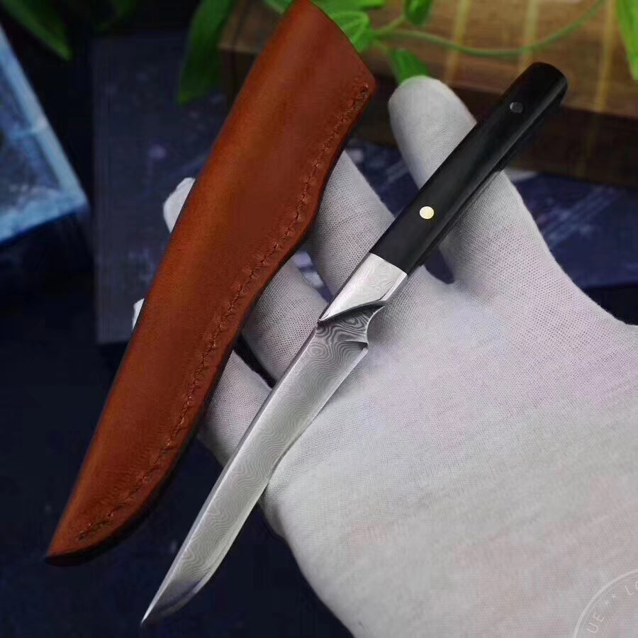 Damascus Camping Hunting Knife Outdoor Utility Fixed Blade w/Sheath Ebony Wood - AK-HT0390