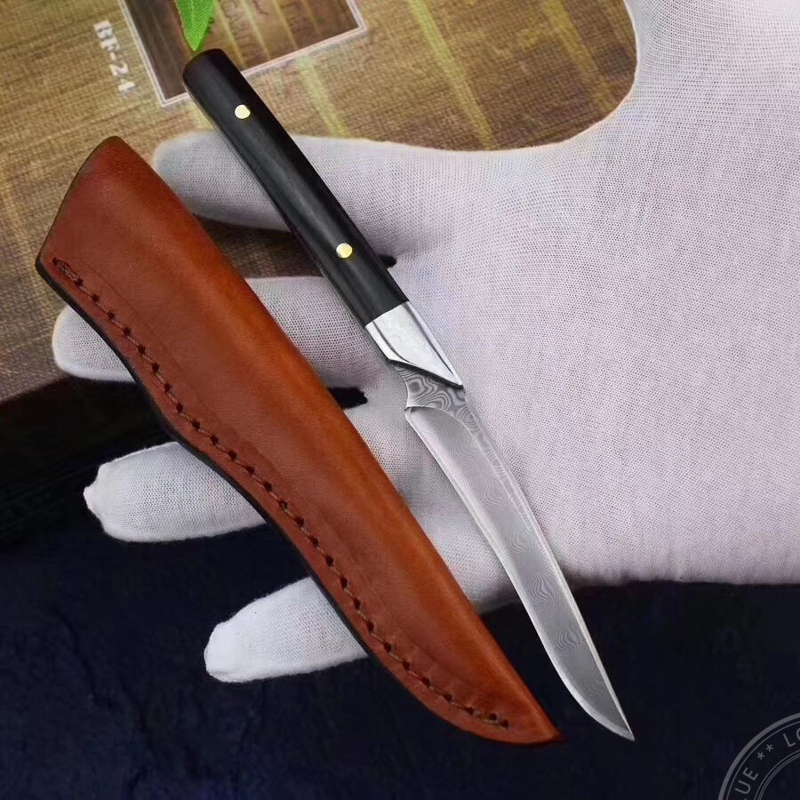 Damascus Camping Hunting Knife Outdoor Utility Fixed Blade w/Sheath Ebony Wood - AK-HT0390