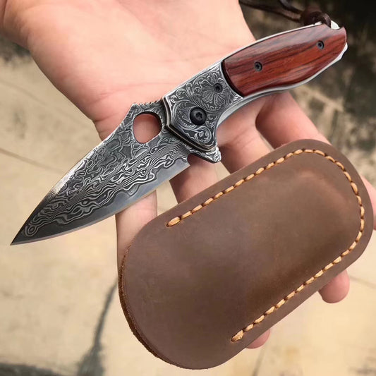 VG10 Damascus Hunting Knife Black Folding Knife Camping Rescue Bone/Wood Handle- AK-HT0511