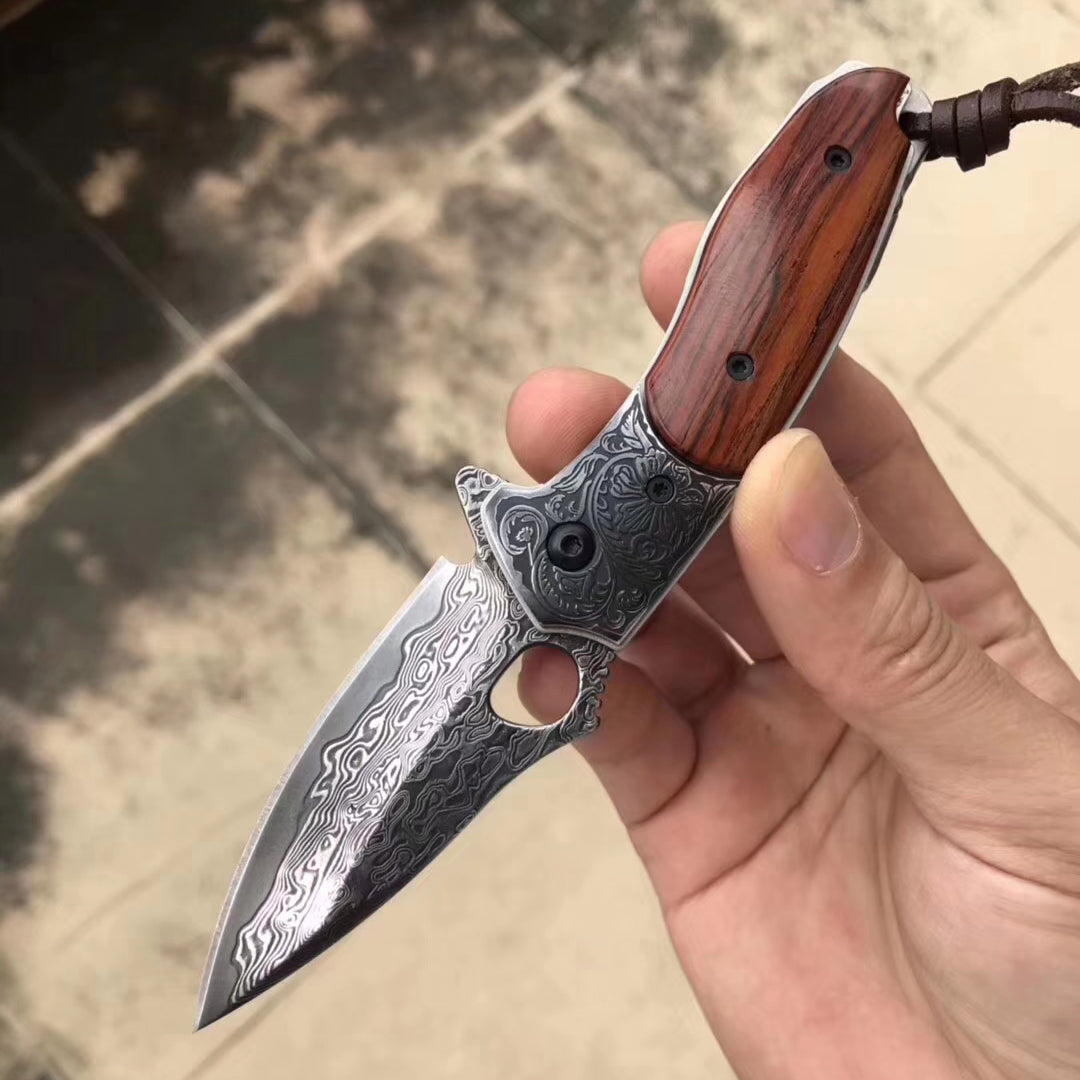 VG10 Damascus Hunting Knife Black Folding Knife Camping Rescue Bone/Wood Handle- AK-HT0511