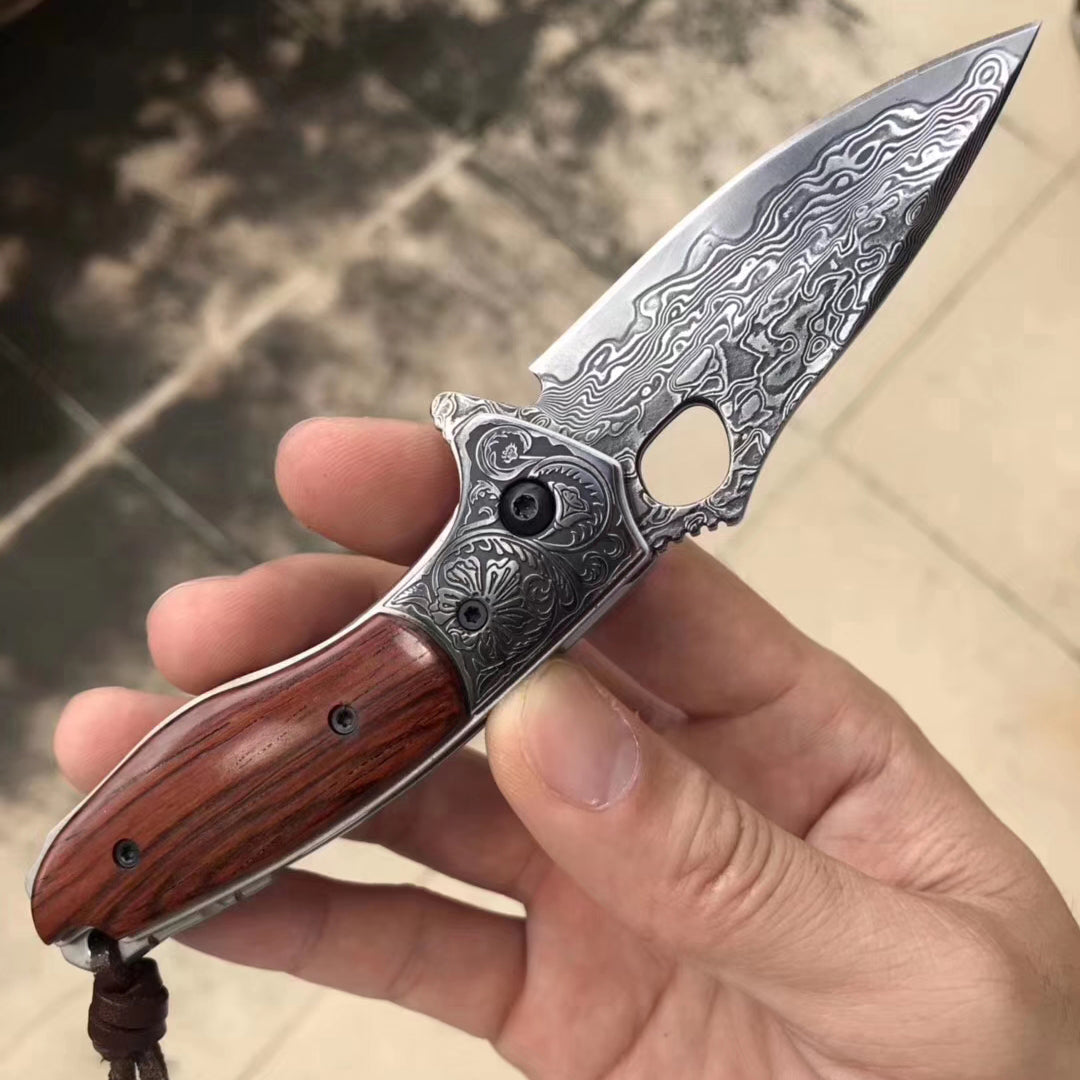 VG10 Damascus Hunting Knife Black Folding Knife Camping Rescue Bone/Wood Handle- AK-HT0511