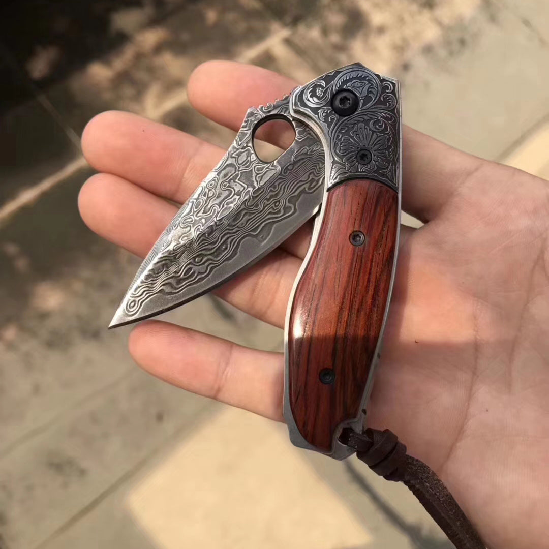 VG10 Damascus Hunting Knife Black Folding Knife Camping Rescue Bone/Wood Handle- AK-HT0511