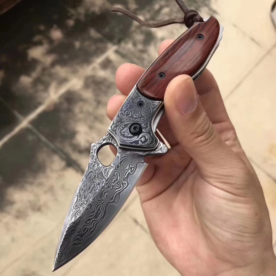 VG10 Damascus Hunting Knife Black Folding Knife Camping Rescue Bone/Wood Handle- AK-HT0511