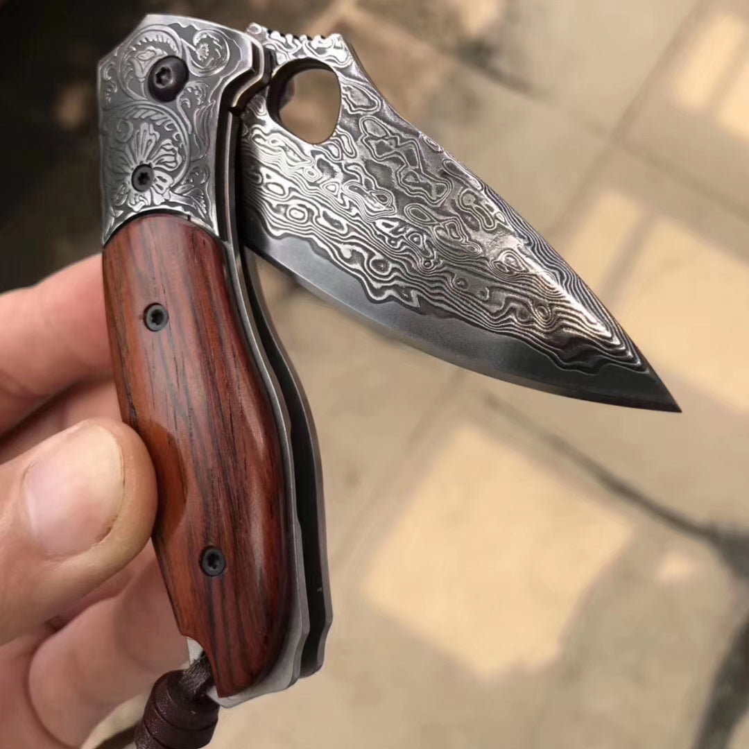 VG10 Damascus Hunting Knife Black Folding Knife Camping Rescue Bone/Wood Handle- AK-HT0511