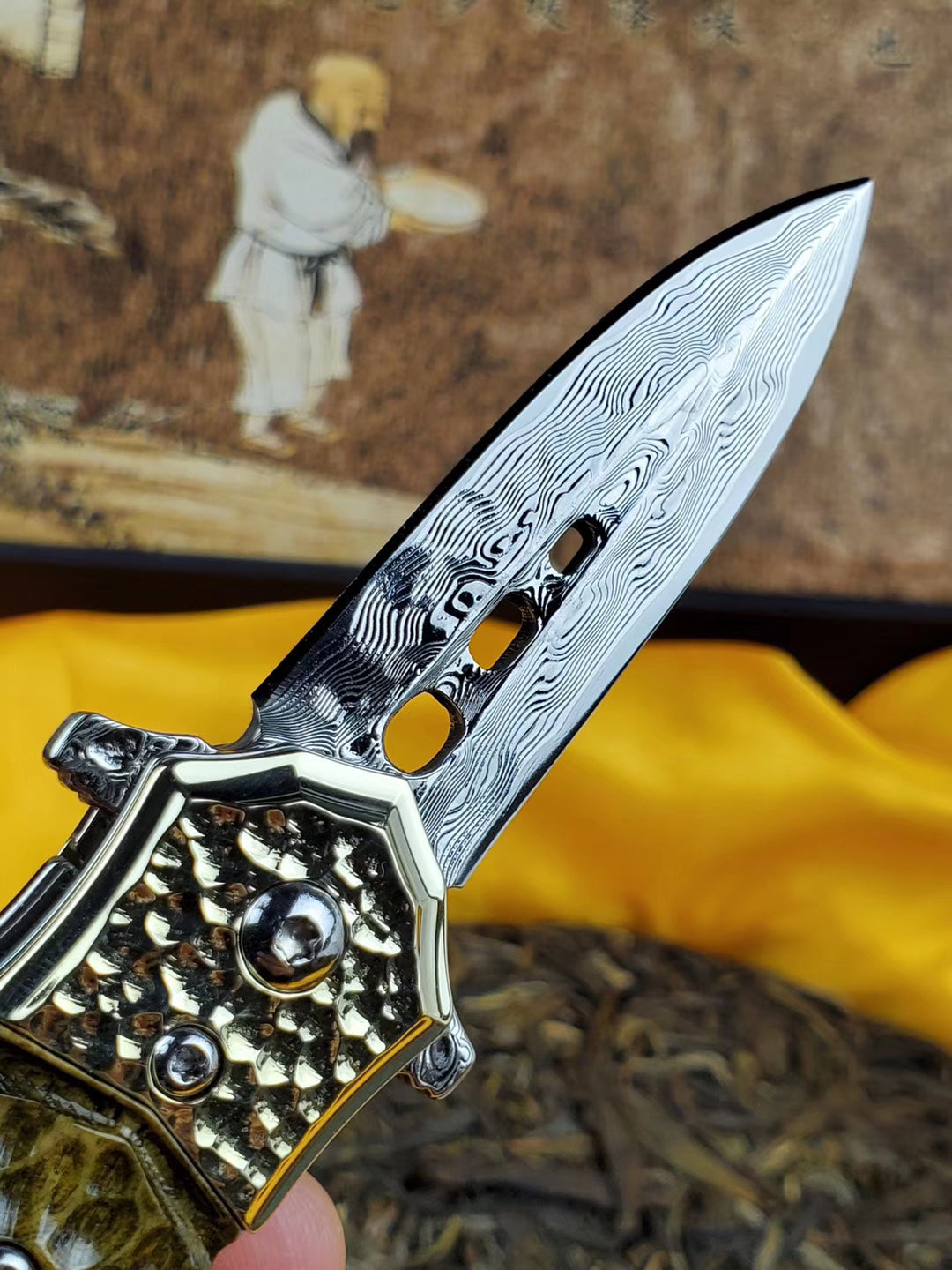 DAMASCUS FLIPPER FOLDING KNIFE DAGGER BONE HANDLE BALL BEARING - AK-HT0458