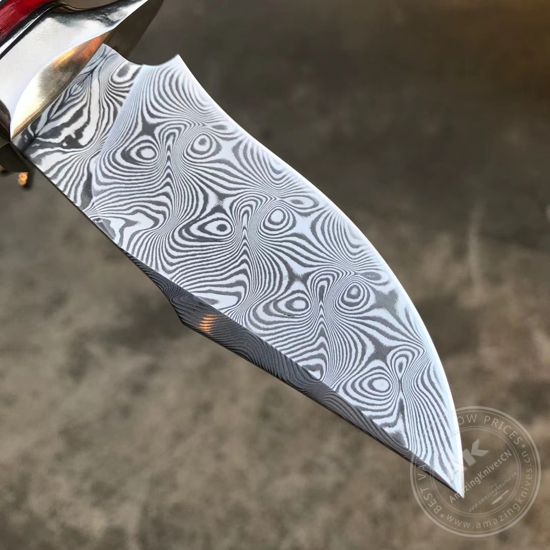 Japanese VG10 Damascus Steel Bowie Knife with Leather Sheath- AK-HT0493-R