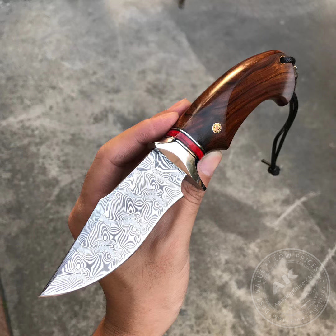 Japanese VG10 Damascus Steel Bowie Knife with Leather Sheath- AK-HT0493-R