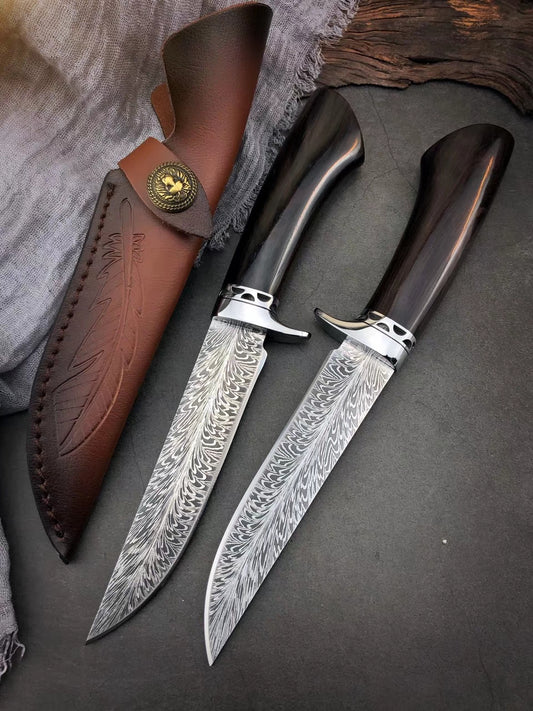Stainless Steel Hunting Knife Feather Pattern Survival Camping Fixed Blade Bowie - AK-HT0498