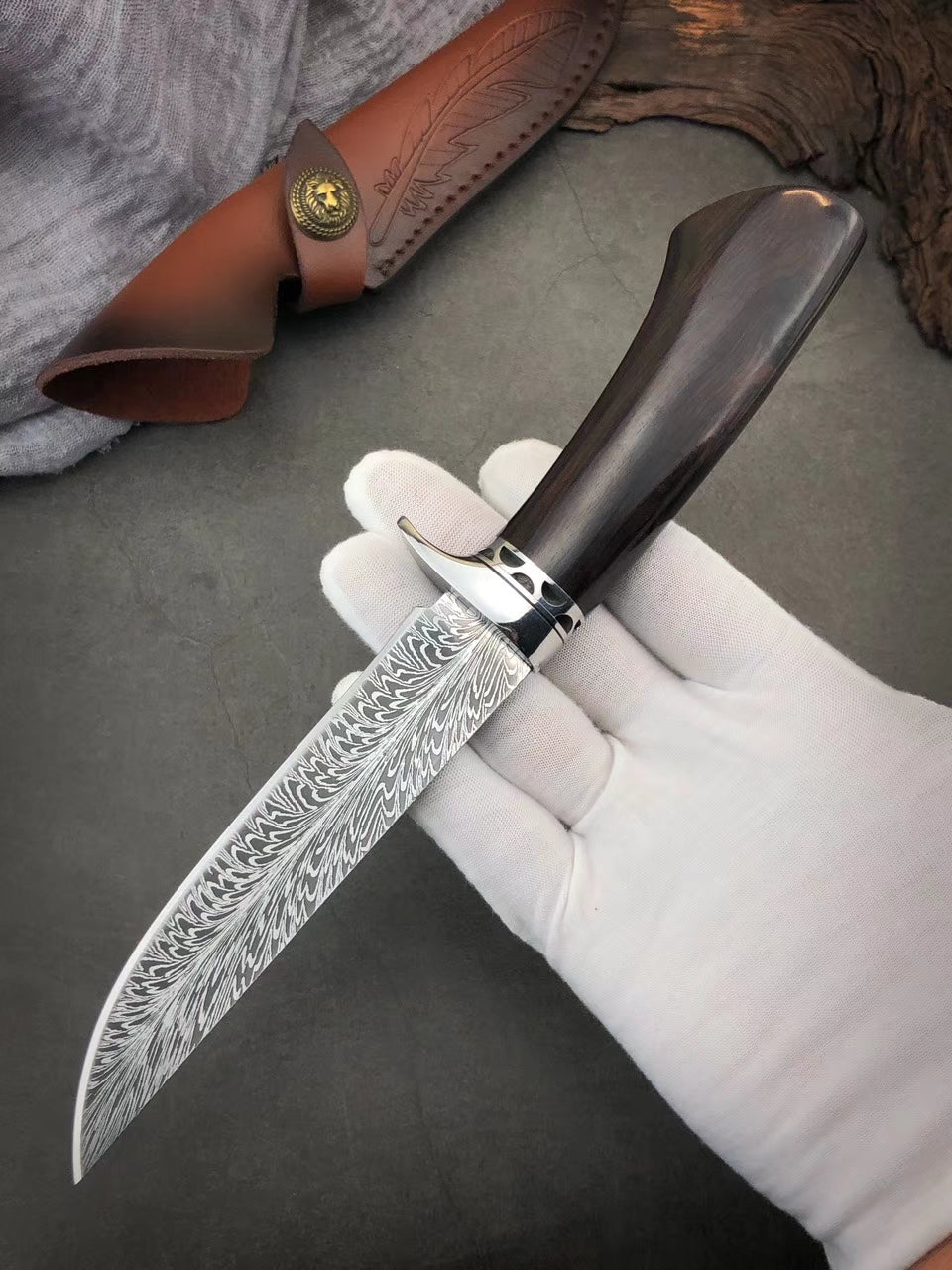 Stainless Steel Hunting Knife Feather Pattern Survival Camping Fixed Blade Bowie - AK-HT0498