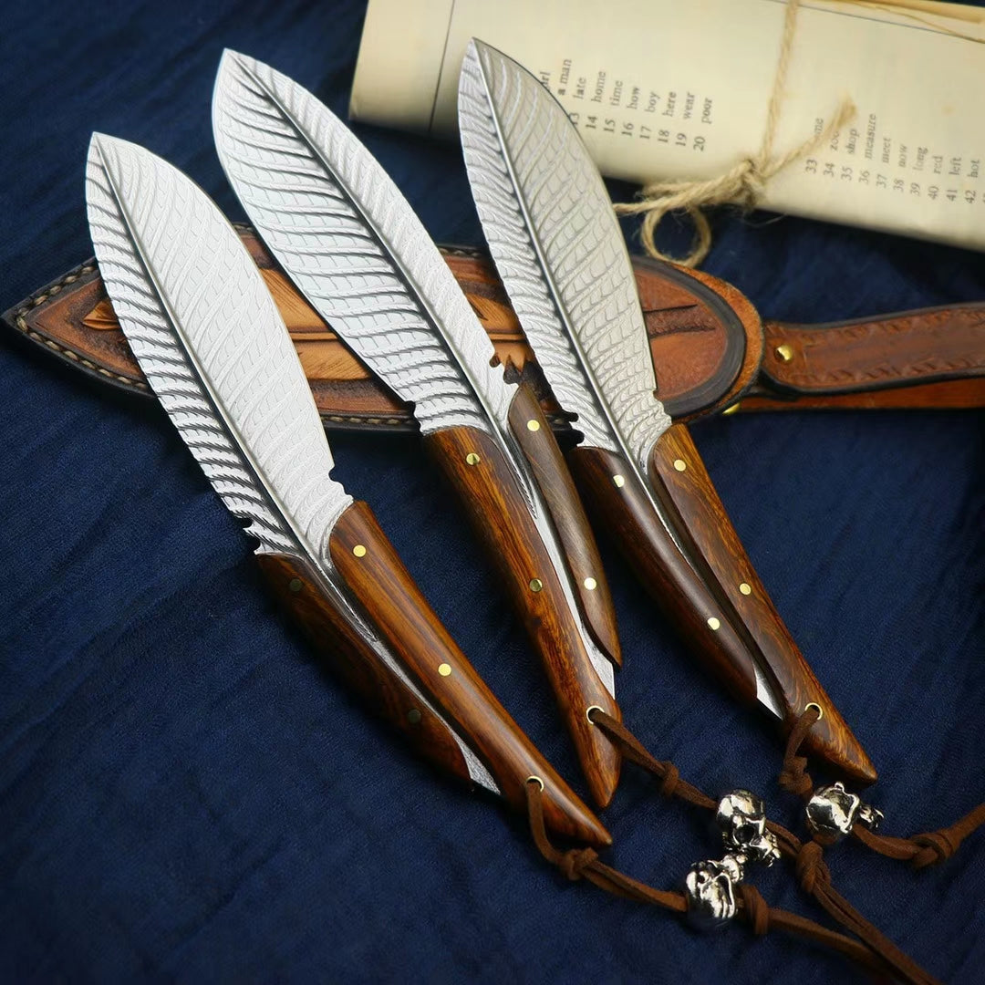 HANDCRAFTED KNIVES FIXED BLADE DAMASCUS FULL TANG BLADE FEATHER KNIFE - AK-HT0510