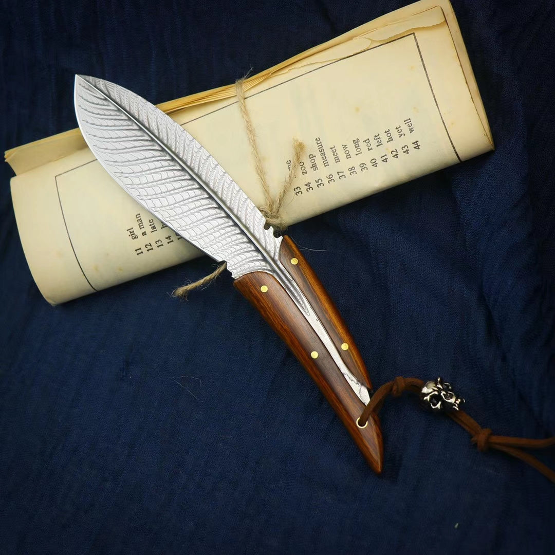 HANDCRAFTED KNIVES FIXED BLADE DAMASCUS FULL TANG BLADE FEATHER KNIFE - AK-HT0510