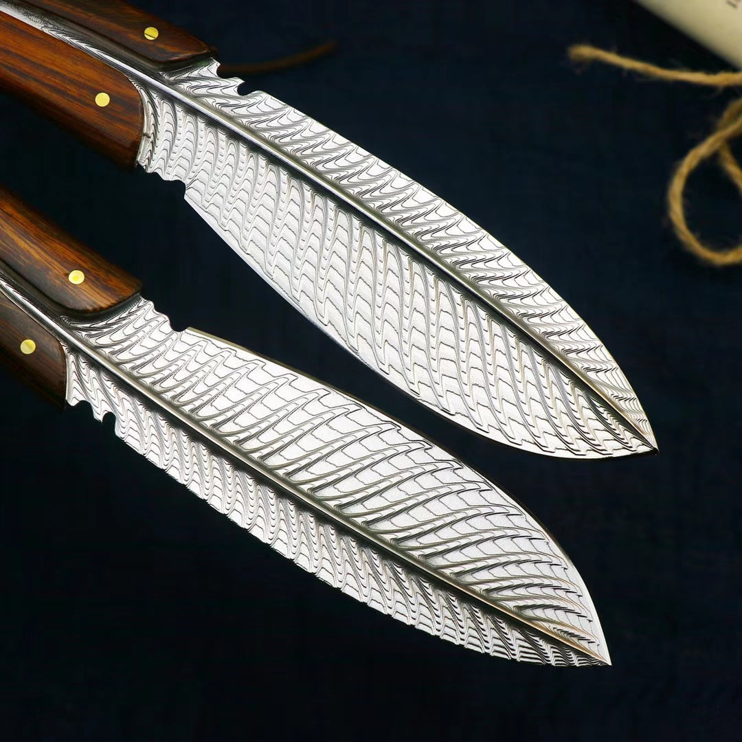 HANDCRAFTED KNIVES FIXED BLADE DAMASCUS FULL TANG BLADE FEATHER KNIFE - AK-HT0510