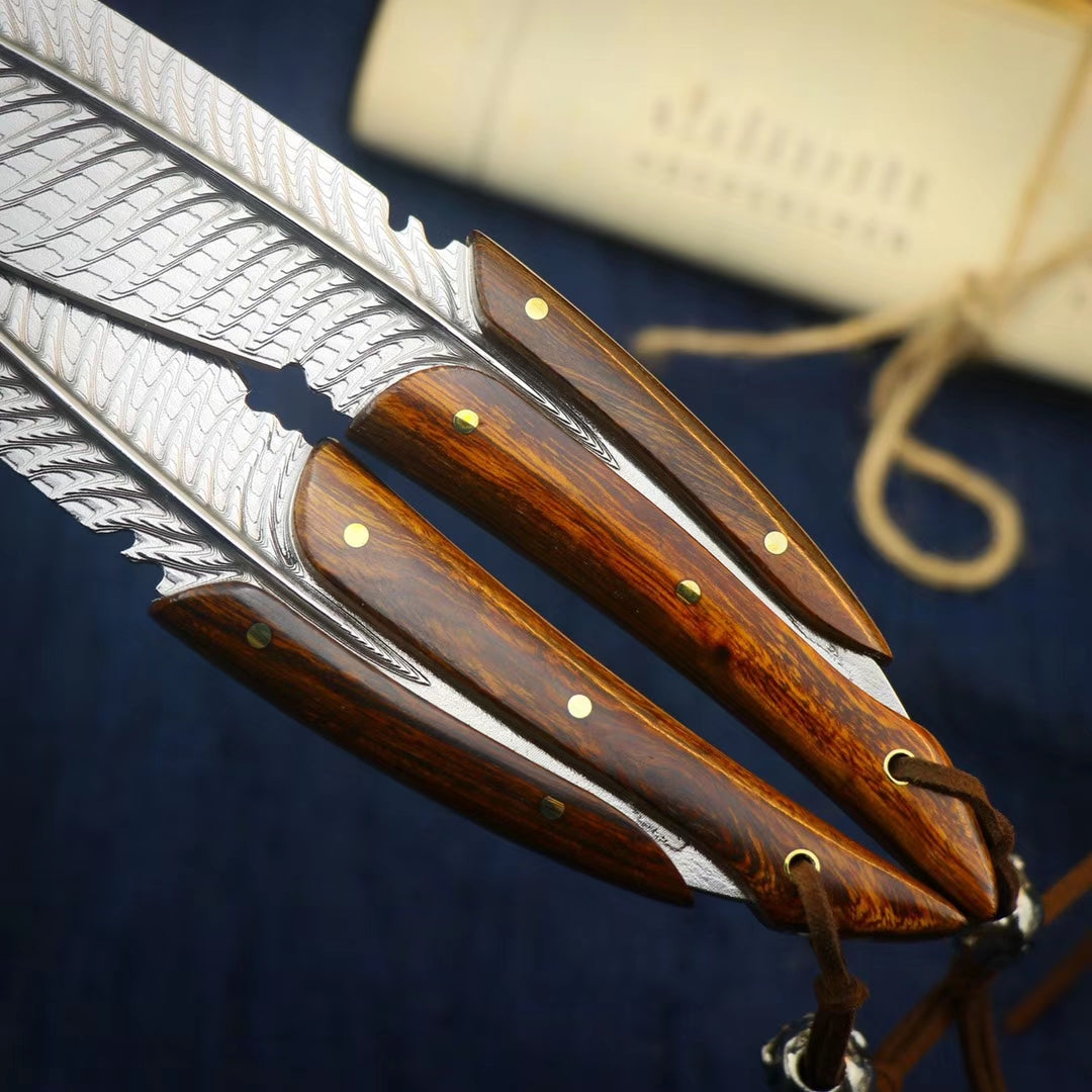 HANDCRAFTED KNIVES FIXED BLADE DAMASCUS FULL TANG BLADE FEATHER KNIFE - AK-HT0510