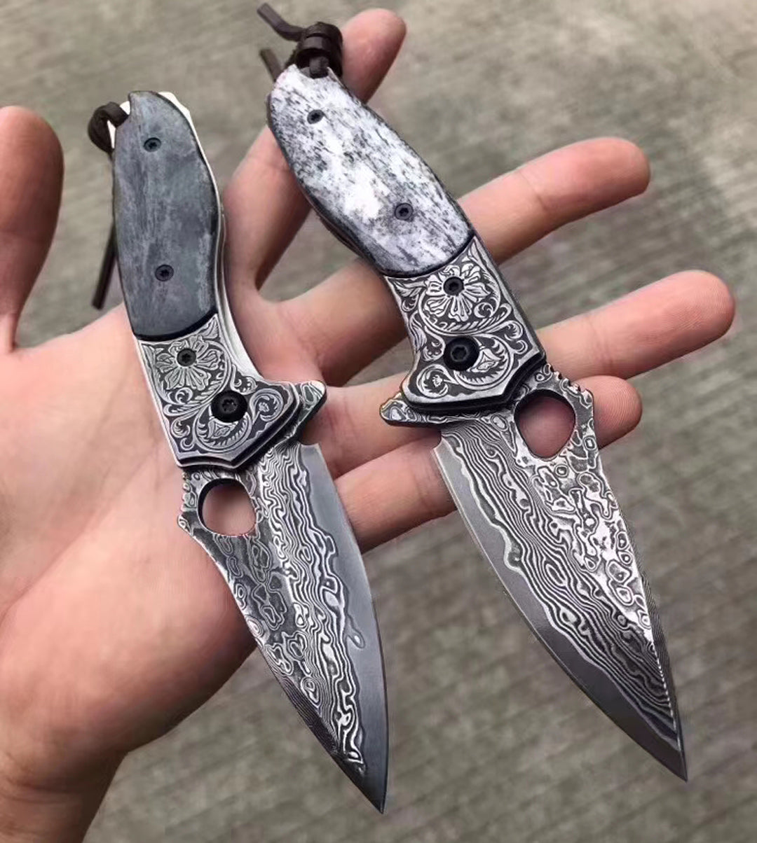 VG10 Damascus Hunting Knife Black Folding Knife Camping Rescue Bone/Wood Handle- AK-HT0511