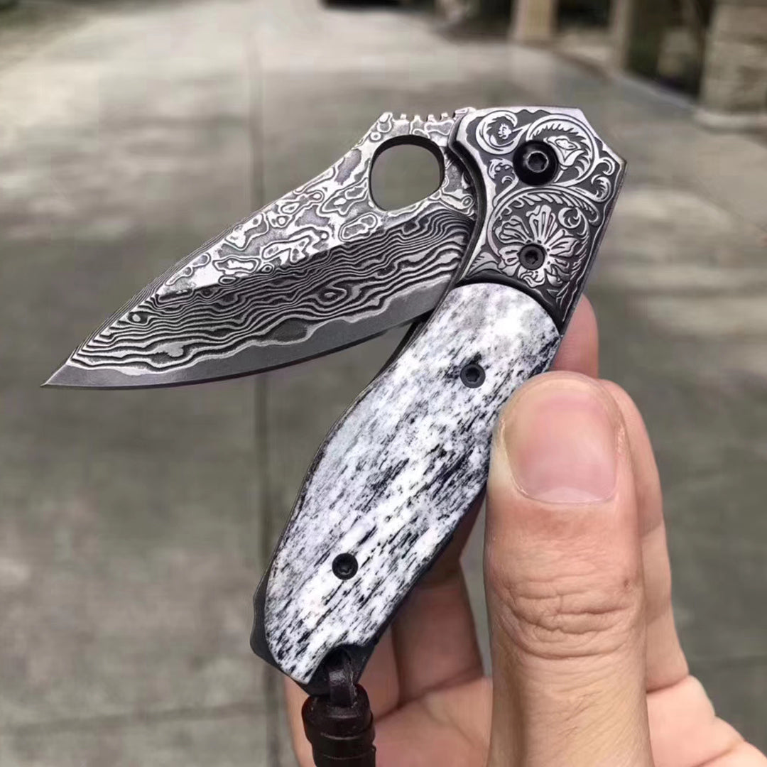 VG10 Damascus Hunting Knife Black Folding Knife Camping Rescue Bone/Wood Handle- AK-HT0511