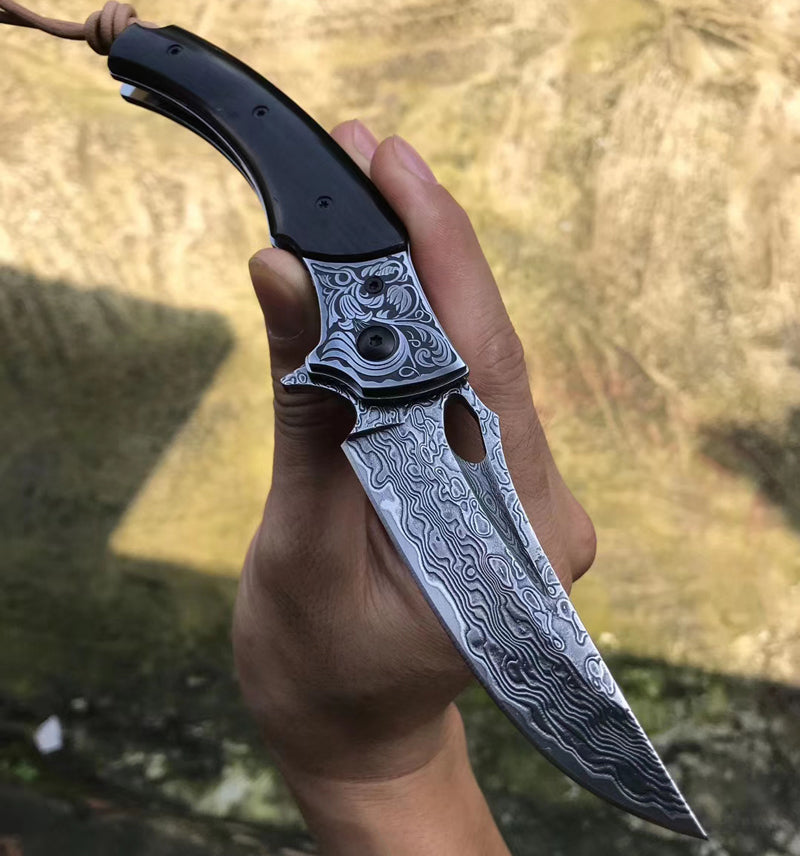 VG10 Damascus Hunting Knife Folding Knife Camping Tool Black - AK-HT0525