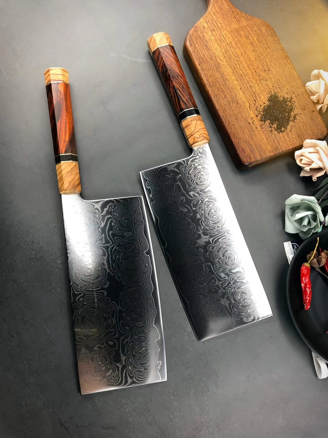 VG10 Damascus Knife Cleaver Rose Pattern Blade - AK-DL0535