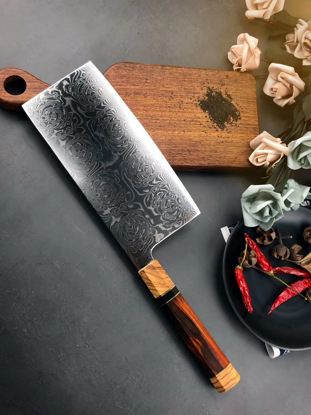 VG10 Damascus Knife Cleaver Rose Pattern Blade - AK-DL0535