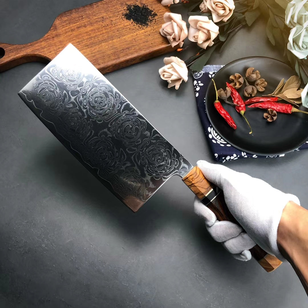 VG10 Damascus Knife Cleaver Rose Pattern Blade - AK-DL0535