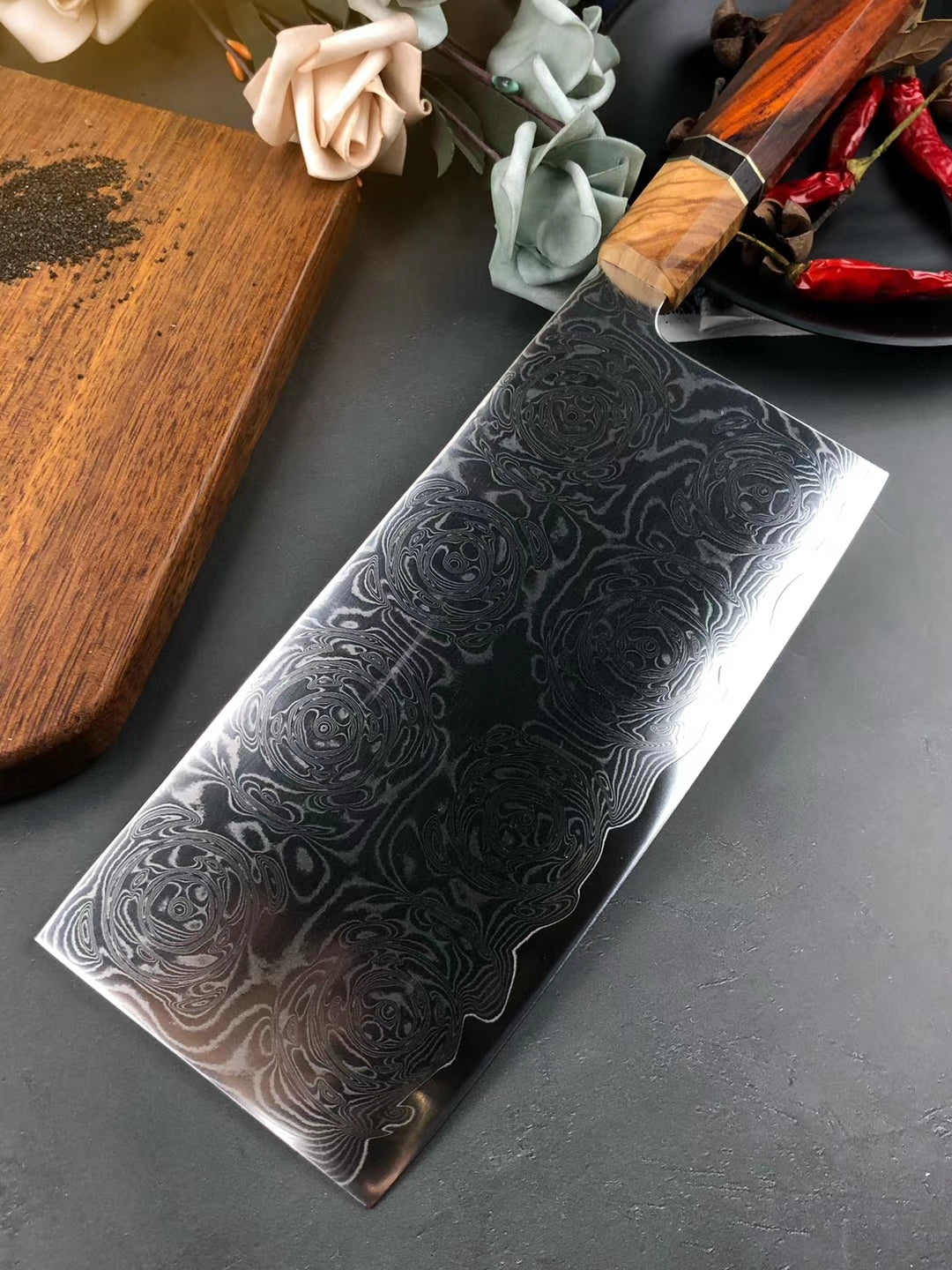 VG10 Damascus Knife Cleaver Rose Pattern Blade - AK-DL0535