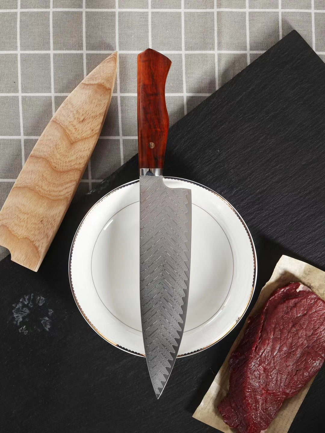 Japanese VG10 Damascus Steel Chef Knife Kitchen Gyuto w/ Wooden Sheath - AK-DC0548