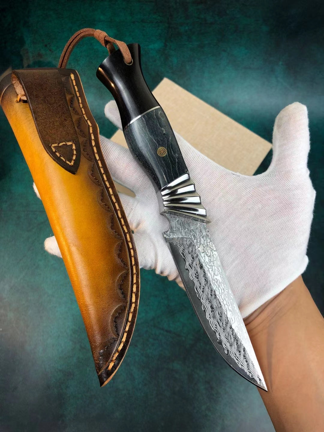 Damascus Survival Outdoor Camping Hunting Knife Fixed Blade w/ Sheath - AK-HT0394