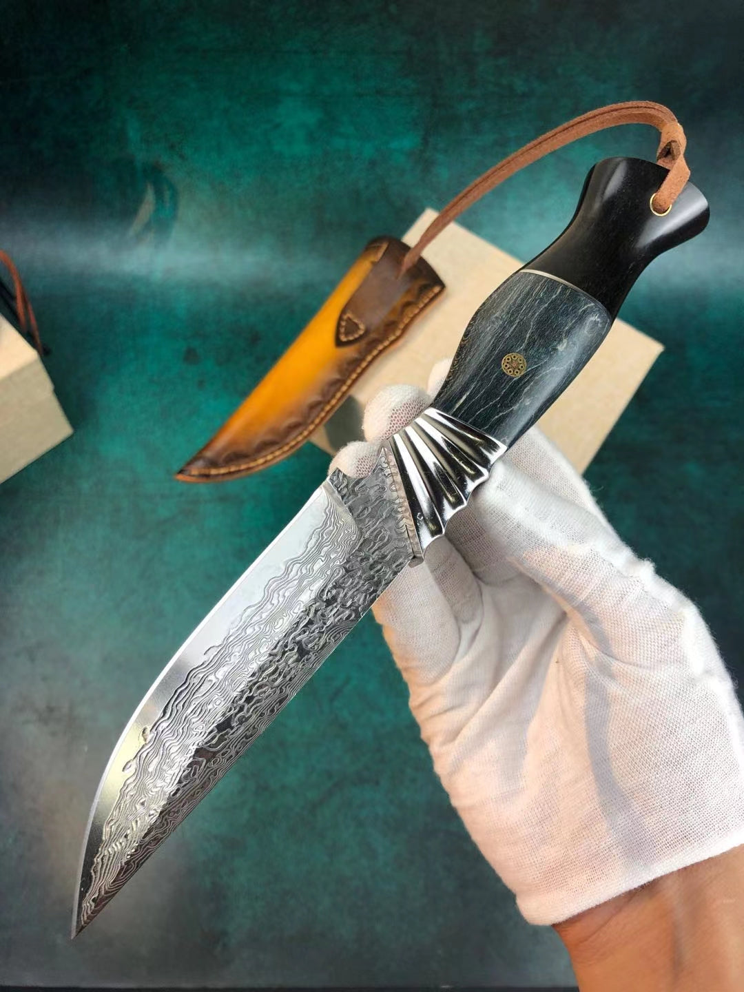 Damascus Survival Outdoor Camping Hunting Knife Fixed Blade w/ Sheath - AK-HT0394