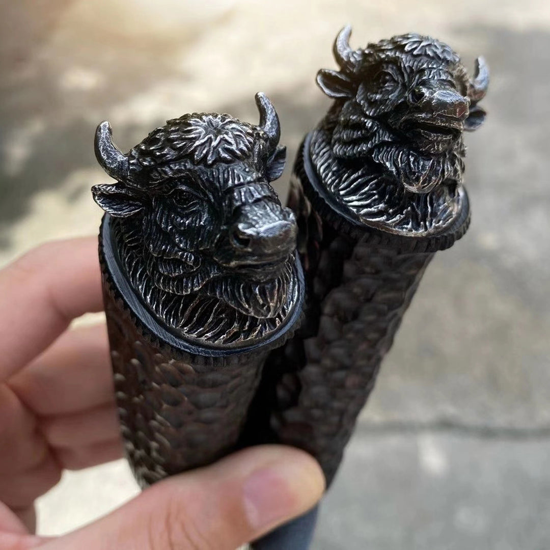 Vg10 Damascus Hunting Knife Hammered Survival Handcarved Yak Head Ebony Black - AK-HT0592