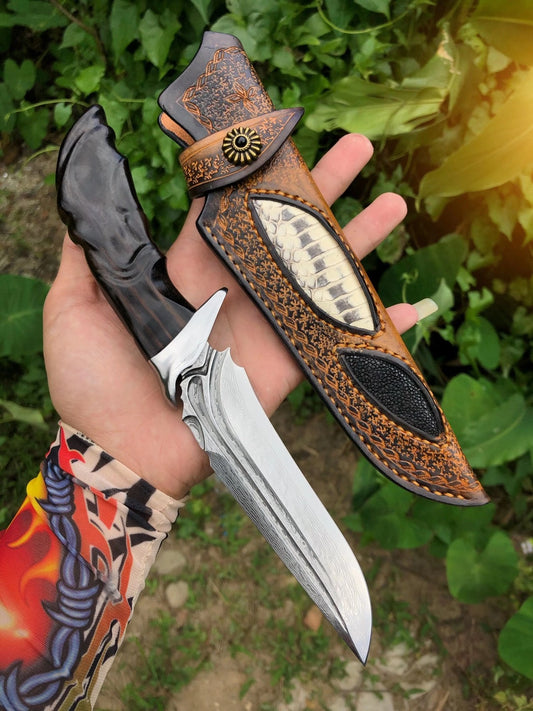 Handcrafted 85 Layer Damascus Hunting Knife Survival Art Knife w/ Sheath Ebony- AK-HT0596