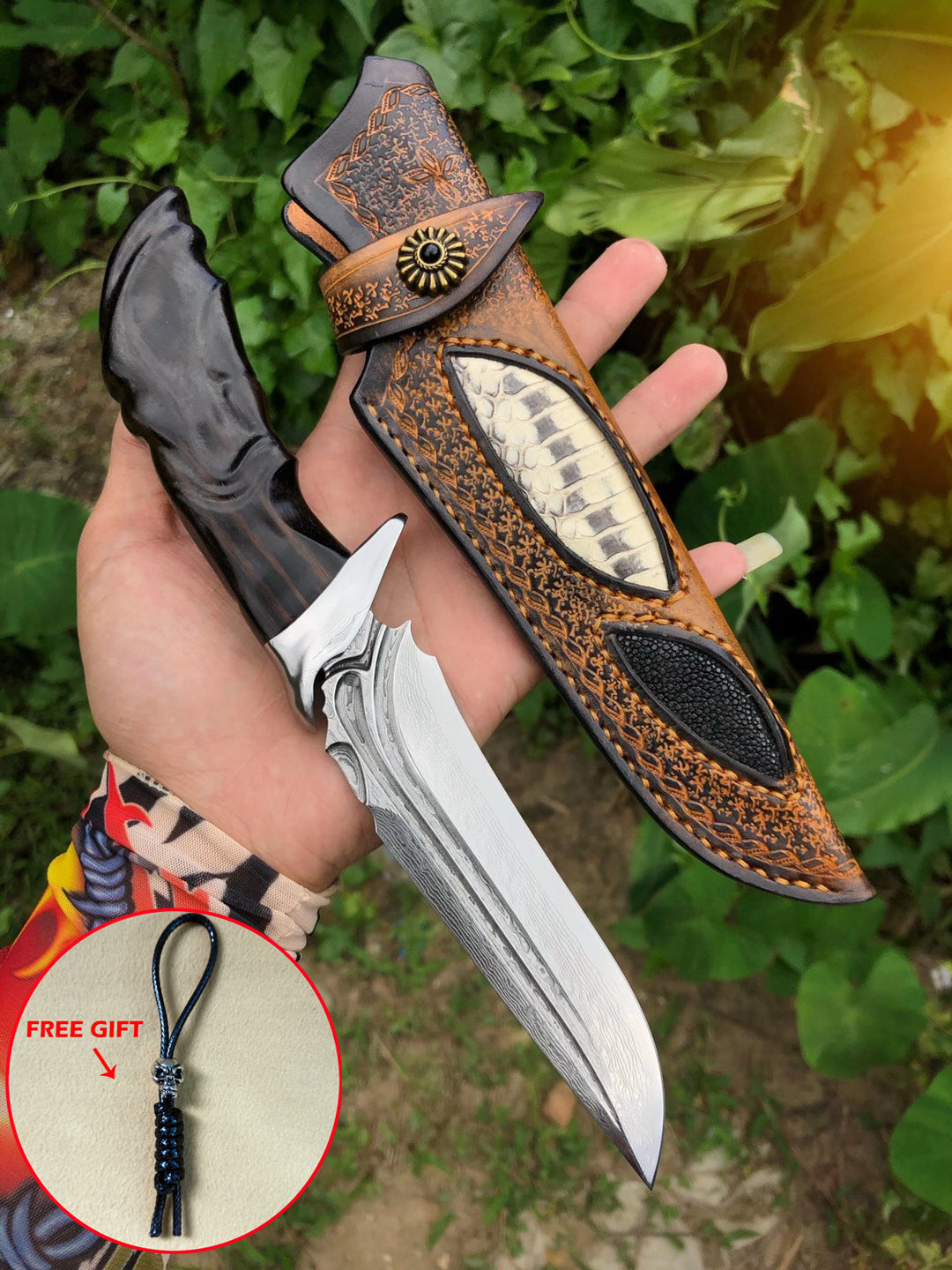 Handcrafted 85 Layer Damascus Hunting Knife Survival Art Knife w/ Sheath Ebony- AK-HT0596