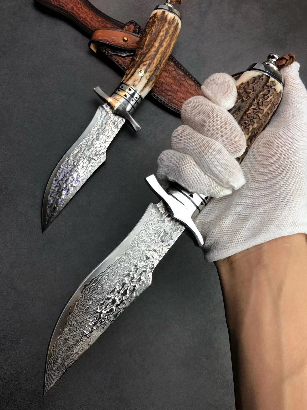 Damascus Survival Outdoor Camping Hunting Knife Fixed Blade Stag Antler Sheath - AK-HT0307