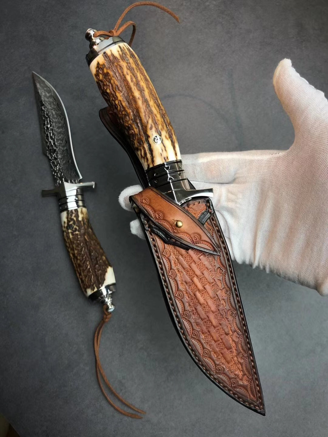 Damascus Survival Outdoor Camping Hunting Knife Fixed Blade Stag Antler Sheath - AK-HT0307