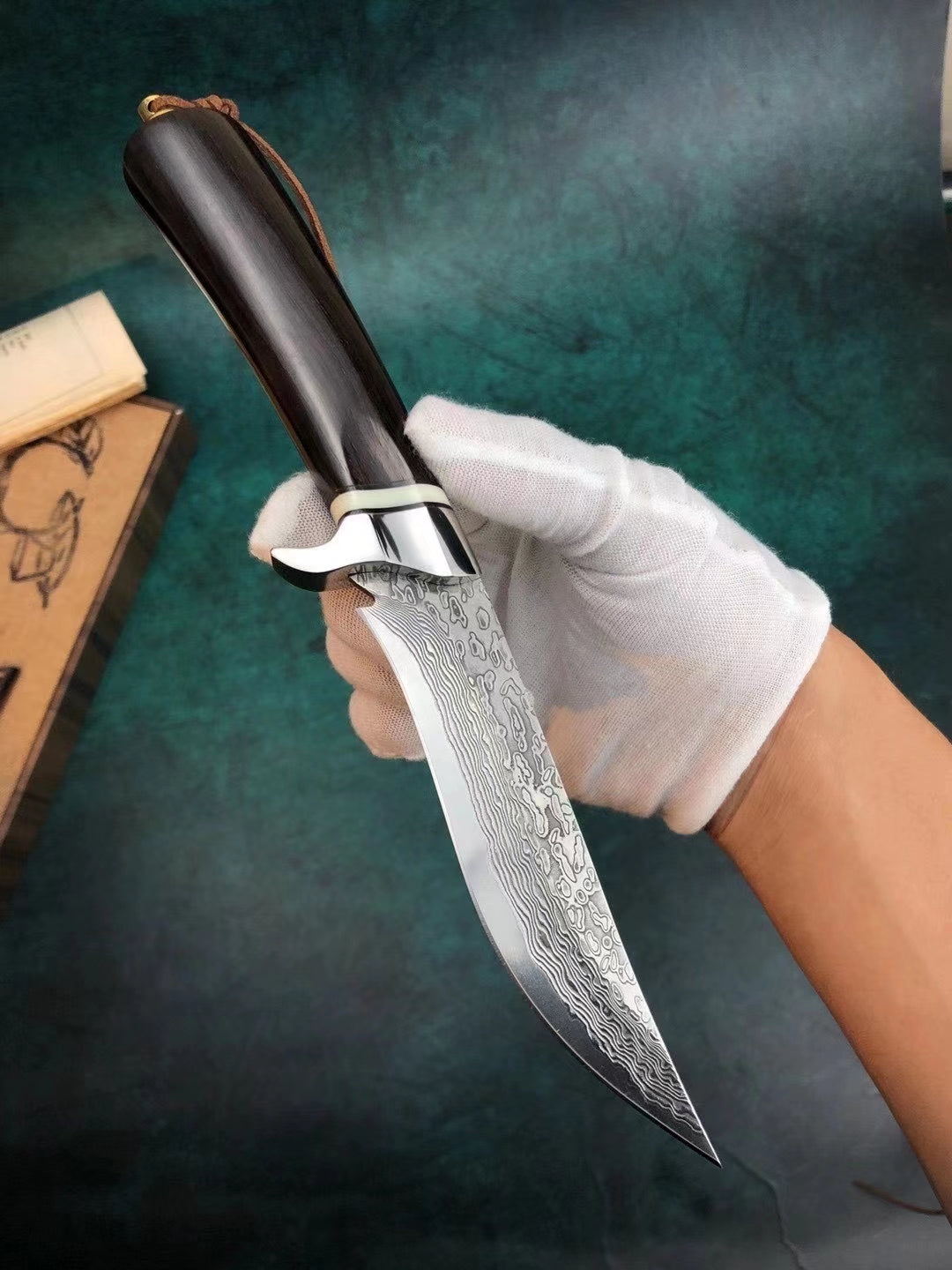 VG10 Damascus Hunting Knife Handcrafted Survival Bowie Fixed Blade Ebony Handle - AK-HT0492