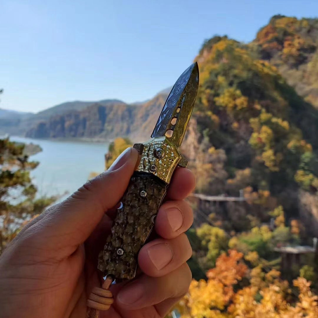 DAMASCUS FLIPPER FOLDING KNIFE DAGGER BONE HANDLE BALL BEARING - AK-HT0458