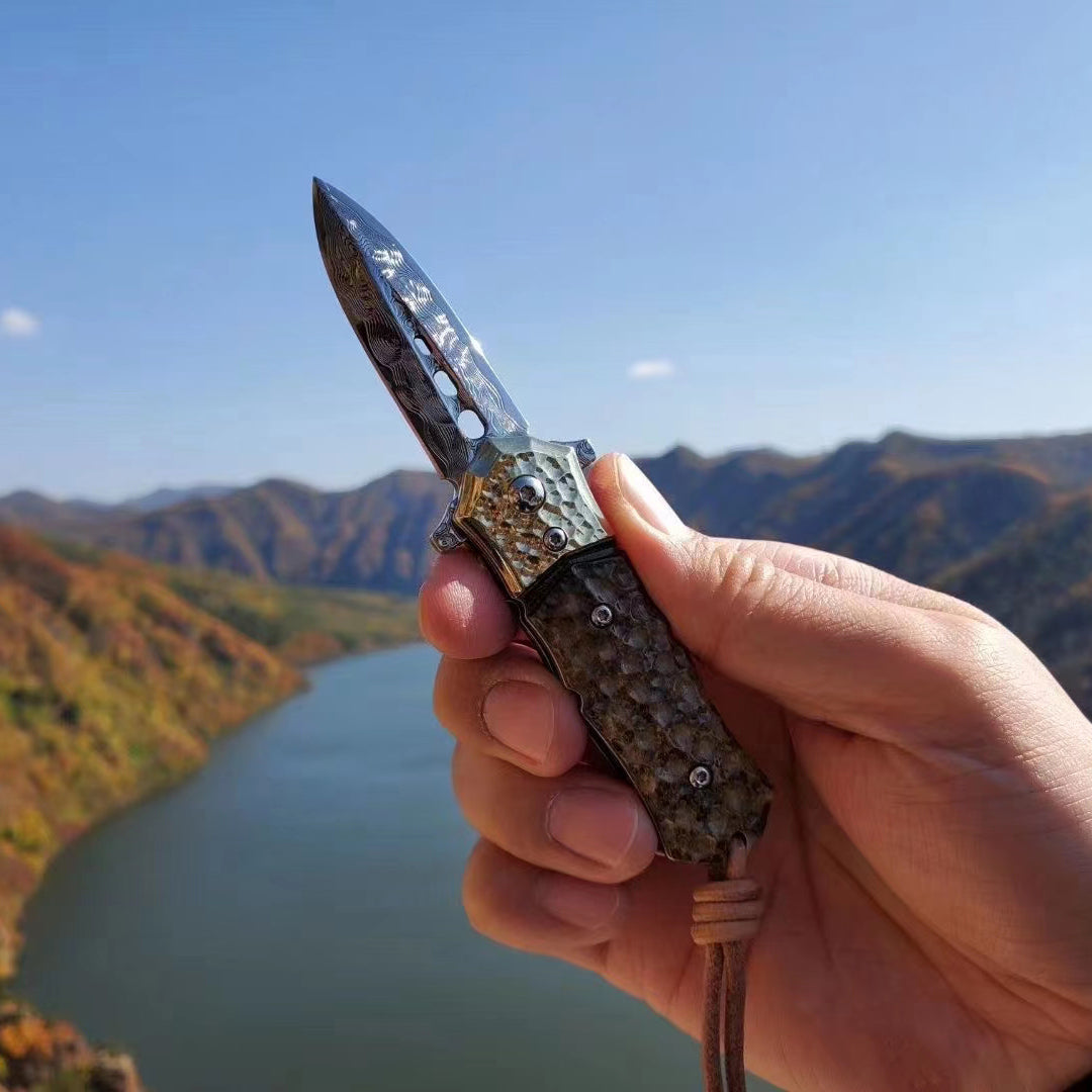 DAMASCUS FLIPPER FOLDING KNIFE DAGGER BONE HANDLE BALL BEARING - AK-HT0458