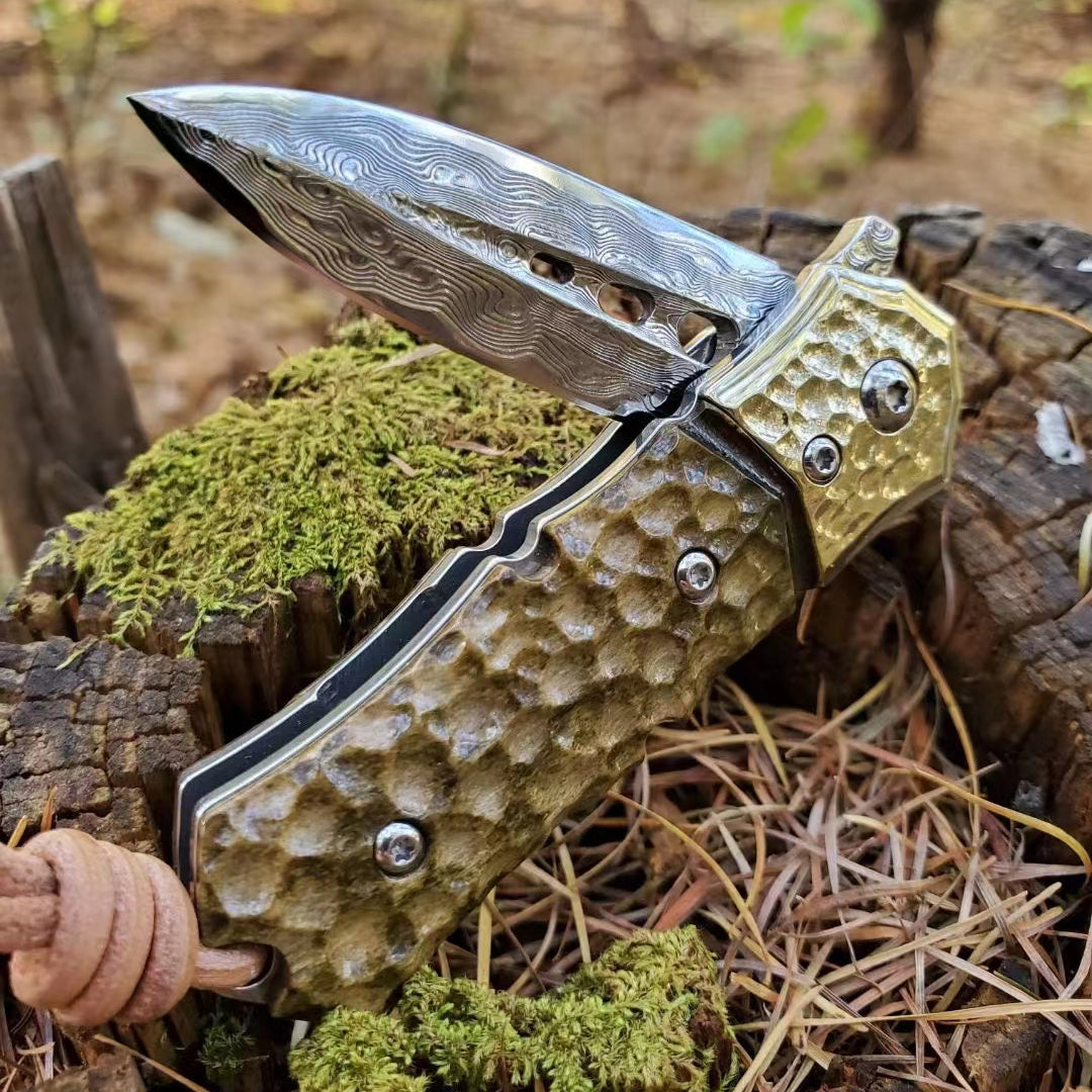 DAMASCUS FLIPPER FOLDING KNIFE DAGGER BONE HANDLE BALL BEARING - AK-HT0458