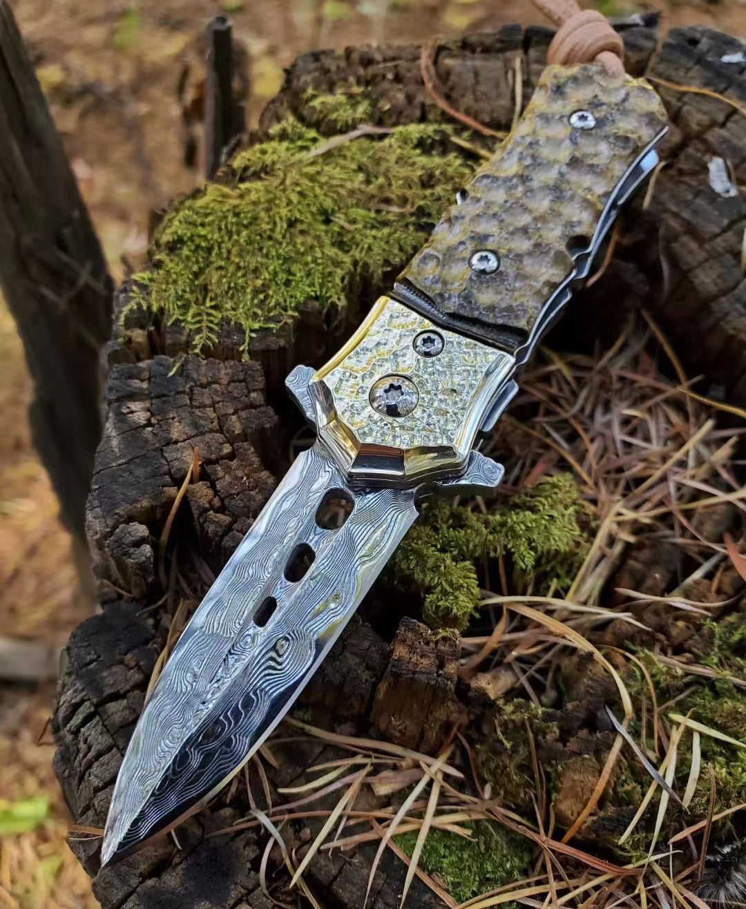 DAMASCUS FLIPPER FOLDING KNIFE DAGGER BONE HANDLE BALL BEARING - AK-HT0458