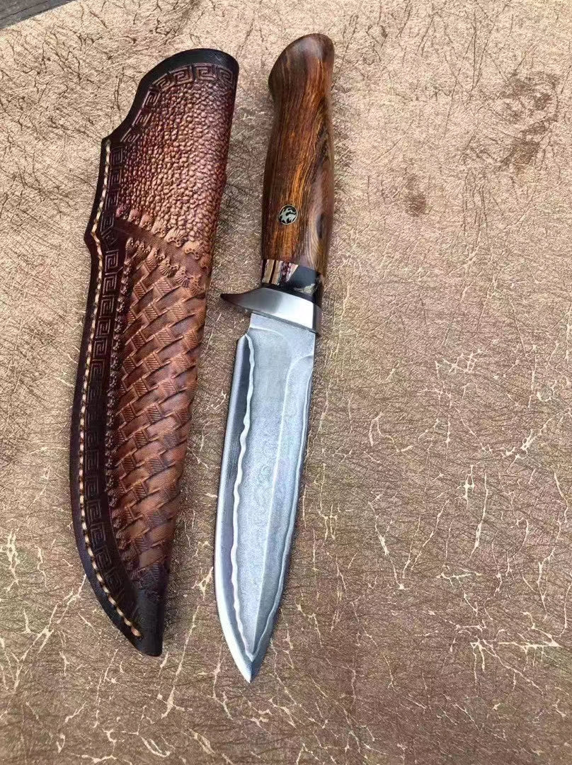 Rare Handforged Damascus Steel Ironwood Straight Hunting Outdoor Knife with Sheath- AK-HT0652
